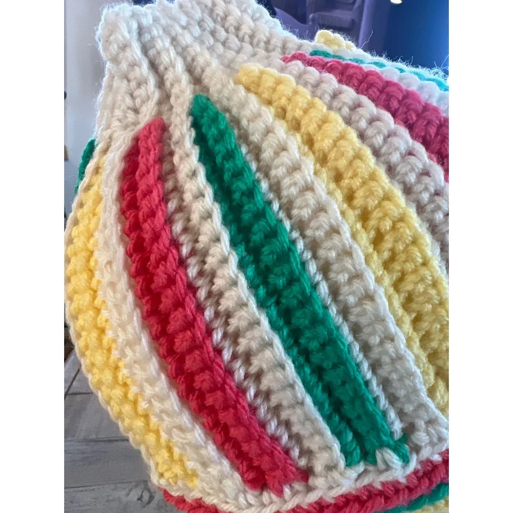 Handmade Crochet Striped Beanie‎ Cream Red Yellow Green Ribbed Knit Winter Hat